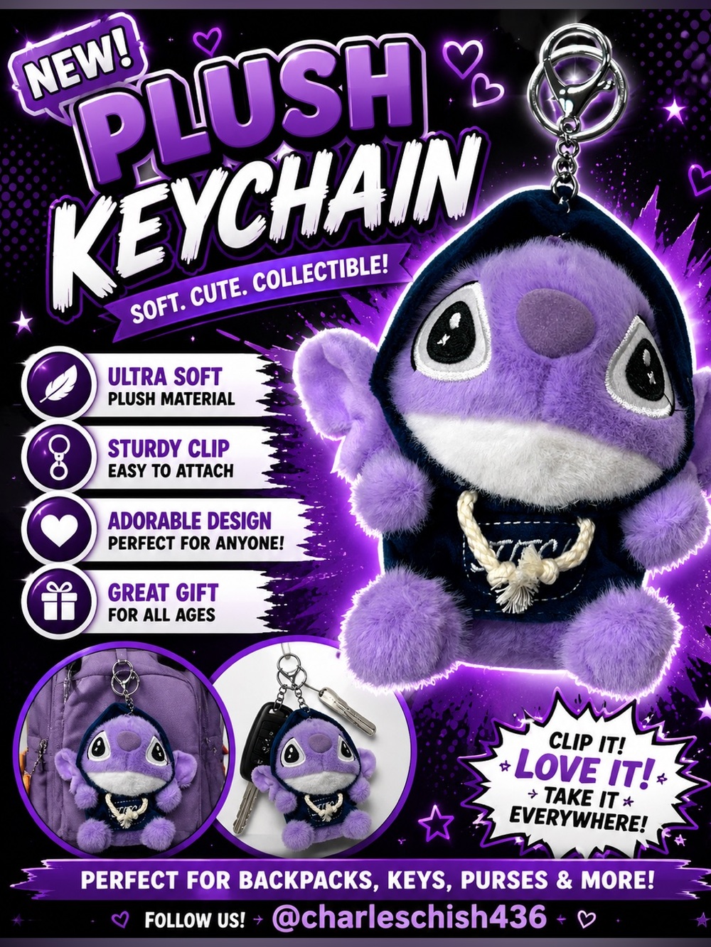 Plush Stitch Keychain Hoodie Charm - Picture 2 of 2